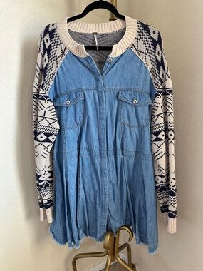 Free People Denim-Front Tunic Sweater with Fair Isle Sleeves - Blue/Cream/Navy